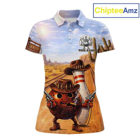 Funny desert Bowling Cowboy gun Bowling Polo, 1/4 zip shirts for Women Custom bowling team jerseys NQS11434