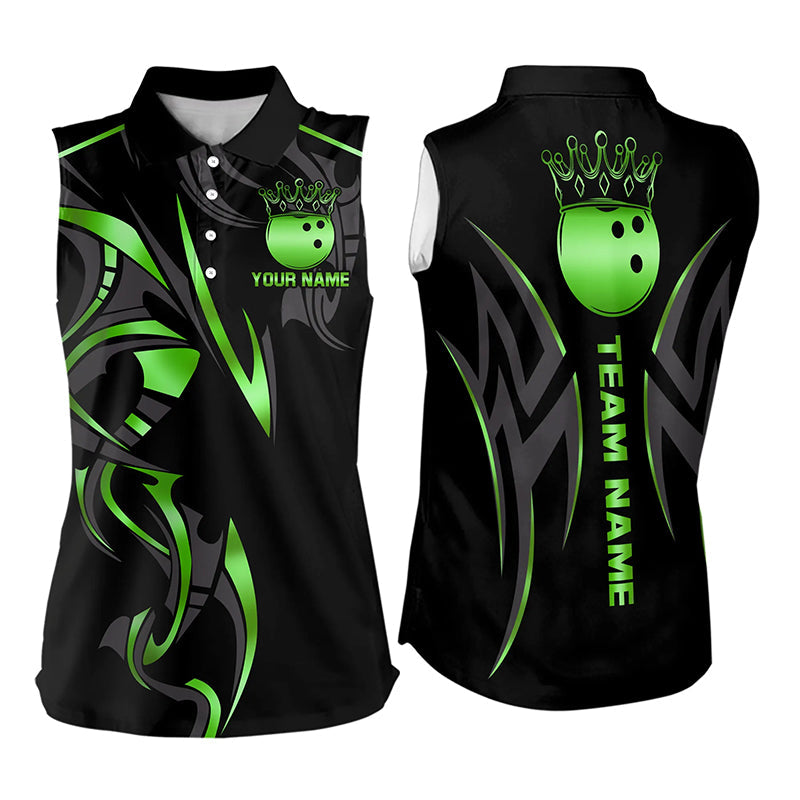 Black and Green crown Bowling ball Sleeveless Polo Shirt Custom Bowling Team jerseys NQS9502