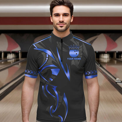 Black and Blue crown Bowling ball Polo, Quarter Zip Shirts for Men Custom Bowling Team jerseys NQS9503