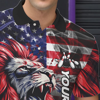Smoke American Flag Lion Bowling Polo, 1/4 Zip Shirts for Men Custom patriotic Team Bowling jerseys NQS9670