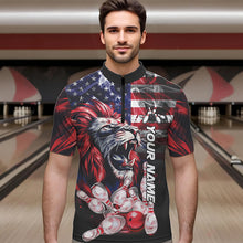 Load image into Gallery viewer, Smoke American Flag Lion Bowling Polo, 1/4 Zip Shirts for Men Custom patriotic Team Bowling jerseys NQS9670
