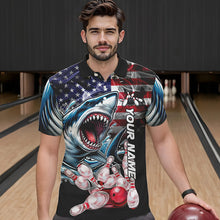 Load image into Gallery viewer, Smoke American Flag Shark Bowling Polo, 1/4 Zip Shirts for Men Custom patriotic Team Bowling jerseys NQS9671