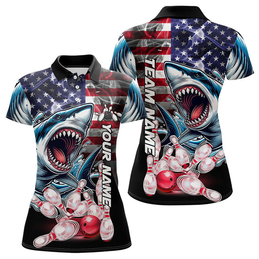 Smoke American Flag Shark Bowling Polo, 1/4 Zip Shirts for Women Custom patriotic Team Bowling jerseys NQS9671