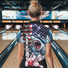 Load image into Gallery viewer, Smoke American Flag Shark Bowling Polo, 1/4 Zip Shirts for Women Custom patriotic Team Bowling jerseys NQS9671