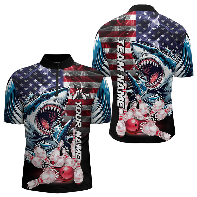 Smoke American Flag Shark Bowling Polo, 1/4 Zip Shirts for Men Custom patriotic Team Bowling jerseys NQS9671