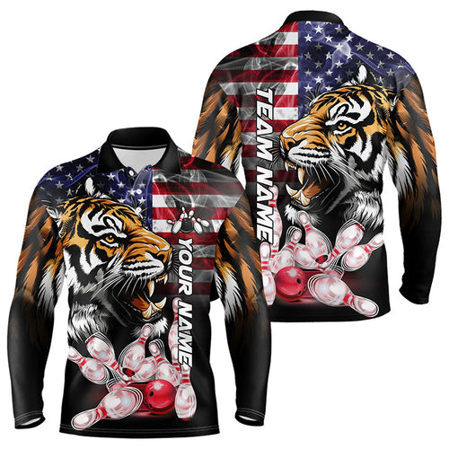 Smoke American Flag Tiger Bowling Polo, 1/4 Zip Shirts for Men Custom patriotic Team Bowling jerseys NQS9672