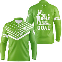 Load image into Gallery viewer, Mens golf polo shirt white American flag custom your hole is my goal funny golf team shirt | Green NQS7607