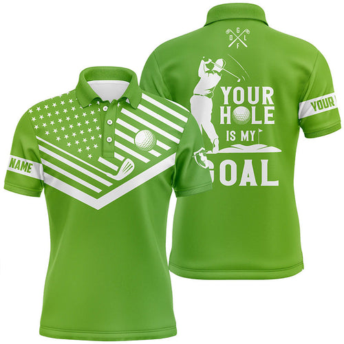 Mens golf polo shirt white American flag custom your hole is my goal funny golf team shirt | Green NQS7607