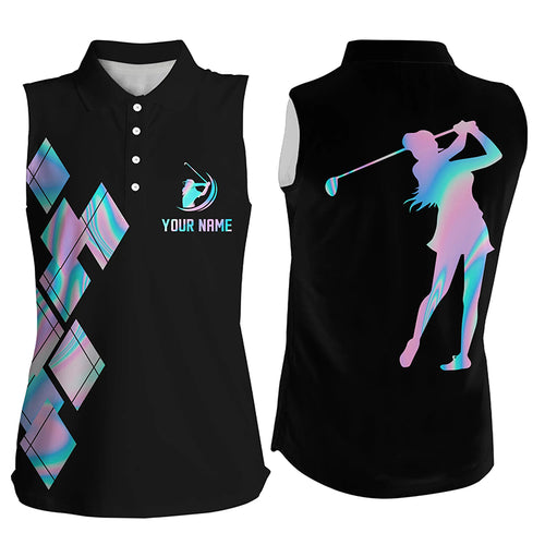 Black hologram Women sleeveless polo shirt custom golf shirts for ladies NQS5709