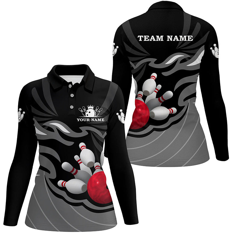 Women polo, quarter zip bowling shirts Custom bowling ball and pins team league jerseys | Black NQS7809