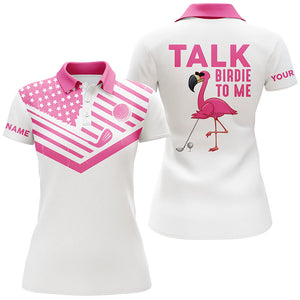 Funny Womens golf polo shirt custom American flag pink flamingo golf shirts talk birdie to me NQS5931