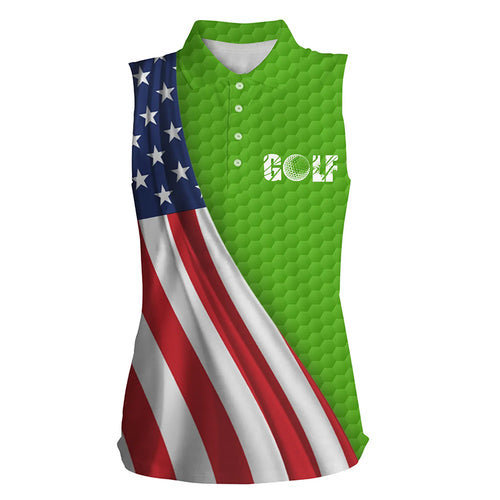 American flag green golf ball skin Womens sleeveless polo shirt patriotic golf tops for women NQS6124