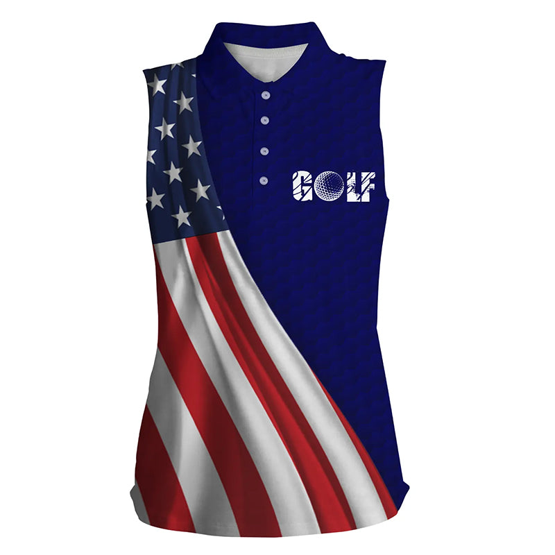American flag blue navy golf ball skin Womens sleeveless polo shirt patriotic golf tops for women NQS6125
