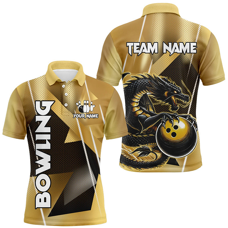 Black And Gold Custom Dragon Bowling Shirts For Men, Dragon Bowling Team Shirts NQS8233