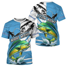 Load image into Gallery viewer, Mahi mahi Fishing Blue Camo UV protection custom long sleeve fishing apparel, Dorado fishing jerseys NQS8235