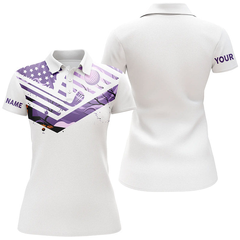 Womens golf polo shirt purple American flag custom Halloween white golf shirt NQS6364