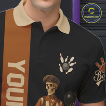 Load image into Gallery viewer, Black and Brown Skull Retro Bowling Polo, Quarter Zip Shirts For Men Custom Team Bowling Jersey NQS10859