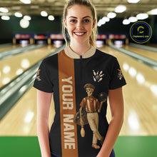 Load image into Gallery viewer, Black and Brown Skull Retro Bowling Polo, Quarter Zip Shirts For Women Custom Team Bowling Jersey NQS10859