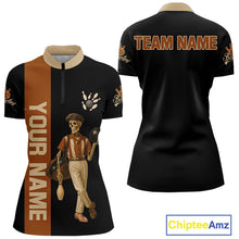 Load image into Gallery viewer, Black and Brown Skull Retro Bowling Polo, Quarter Zip Shirts For Women Custom Team Bowling Jersey NQS10859