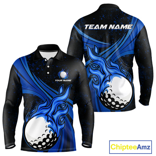 Black and Blue Golf ball Flame Golf Polo Shirts For Men Custom men's golf clothing, best golf gifts NQS10864