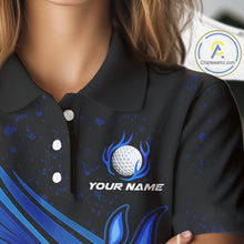 Load image into Gallery viewer, Black &amp; Blue Golf ball Flame Golf Polo Shirts For Women Custom ladies&#39;s golf clothing, best golf gift NQS10864