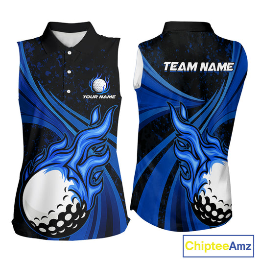 Black & Blue Golf ball Flame Women Sleeveless Polo Shirt Custom ladies golf clothing, best golf gift NQS10864