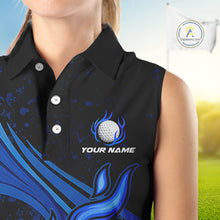 Load image into Gallery viewer, Black &amp; Blue Golf ball Flame Women Sleeveless Polo Shirt Custom ladies golf clothing, best golf gift NQS10864