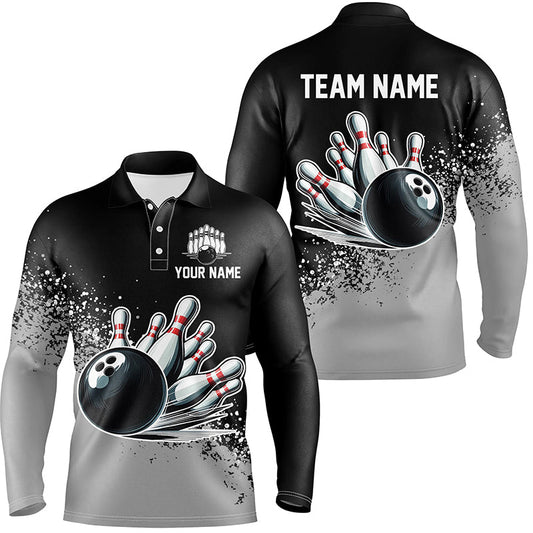 Black and Gray Grunge Custom Bowling Polo, 1/4 Zip Shirts For Men Personalized Team Bowling Jerseys NQS8916
