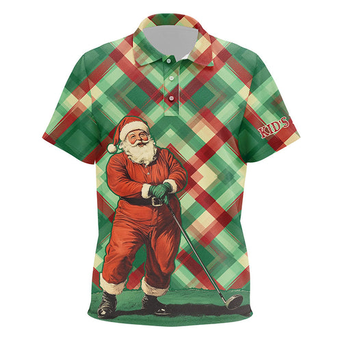 Red and Green plaid pattern Santa Golfer Kid golf polo shirts custom Christmas golf shirts for kid NQS8919