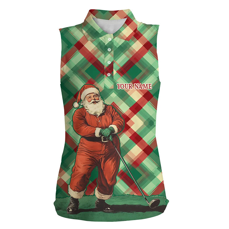 Red and Green plaid pattern Santa Golfer Women sleeveless polo shirt custom Christmas golf shirts NQS8919