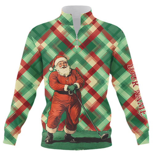 Red and Green plaid pattern Santa Golfer Quarter zip golf sweatshirt custom Christmas golf sweater NQS8919