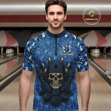 Load image into Gallery viewer, Blue Camo American Flag Veteran Skull Bowling Shirts For Men Custom patriotic Bowling Team Jerseys NQS11047
