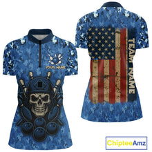 Load image into Gallery viewer, Blue Camo American Flag Veteran Skull Bowling Shirts For Women Custom patriotic Bowling Team Jerseys NQS11047