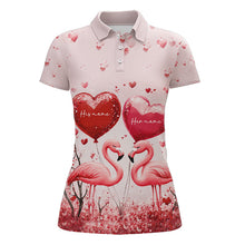 Load image into Gallery viewer, Pink Glitter Flamingo Heart Theme Women golf polo shirt custom Valentines golf tops gift for her NQS9367