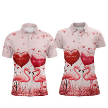 Load image into Gallery viewer, Pink Glitter Flamingo Heart Theme matching golf shirt for couple custom Couple Valentines golf tops NQS9367