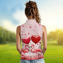 Load image into Gallery viewer, Pink Glitter Flamingo Heart Theme Women sleeveless polo shirt custom Valentines golf tops gift for her NQS9367