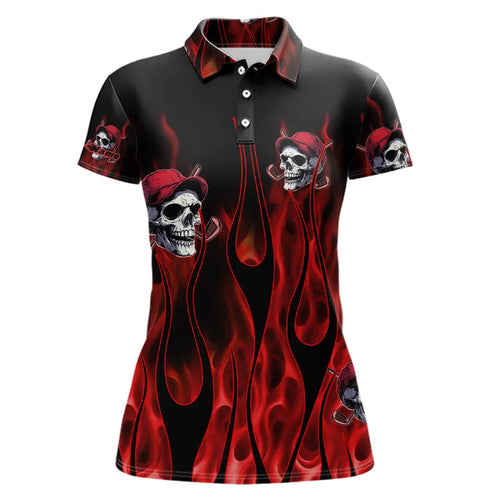 Red Flame Skull Women golf polo shirts custom skull fire golf apparel for ladies NQS9515