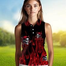 Load image into Gallery viewer, Red Flame Skull Women sleeveless polo shirt custom skull fire golf apparel for ladies NQS9515