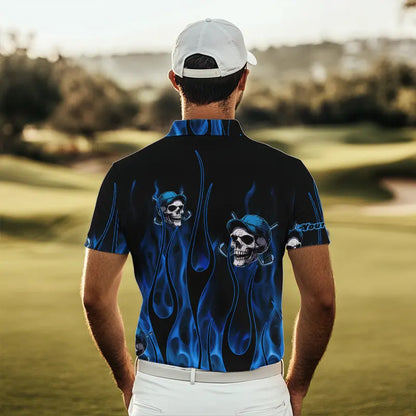 Blue Flame Skull Mens golf polo shirts custom skull fire golf apparel for mens NQS9516