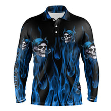 Load image into Gallery viewer, Blue Flame Skull Mens golf polo shirts custom skull fire golf apparel for mens NQS9516