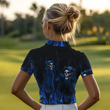 Load image into Gallery viewer, Blue Flame Skull Women golf polo shirts custom skull fire golf apparel for ladies NQS9516