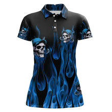 Load image into Gallery viewer, Blue Flame Skull Women golf polo shirts custom skull fire golf apparel for ladies NQS9516