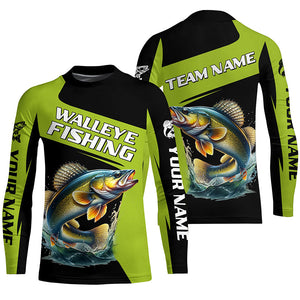 Black Green Walleye fishing Custom Long Sleeve Tournament Fishing Shirts, Performance Fishing Jerseys NQS7458