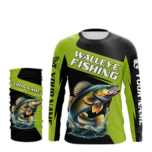 Black Green Walleye fishing Custom Long Sleeve Tournament Fishing Shirts, Performance Fishing Jerseys NQS7458