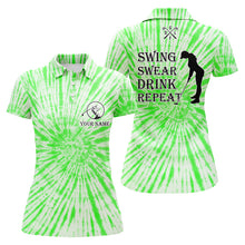 Load image into Gallery viewer, Funny Womens golf polos shirts custom name swing swear drink repeat green tie dye pattern golf shirts NQS7614