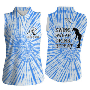 Funny Womens sleeveless polo shirt custom swing swear drink repeat blue tie dye pattern golf shirts NQS7615