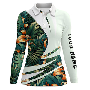 Womens golf polo shirts custom Green tropical flower pattern, best ladies golf wear NQS7618