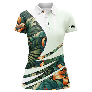 Womens golf polo shirts custom Green tropical flower pattern, best ladies golf wear NQS7618