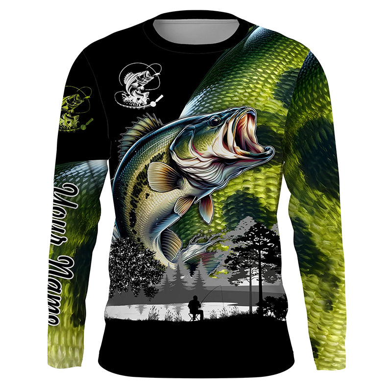 Largemouth Bass fishing scales green black Customize Name UV sun protection bass fishing shirts NQS1946