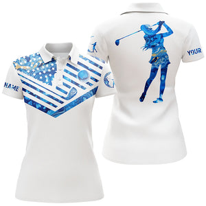 Womens golf polo shirt blue pattern American flag custom name white golf shirt NQS3739